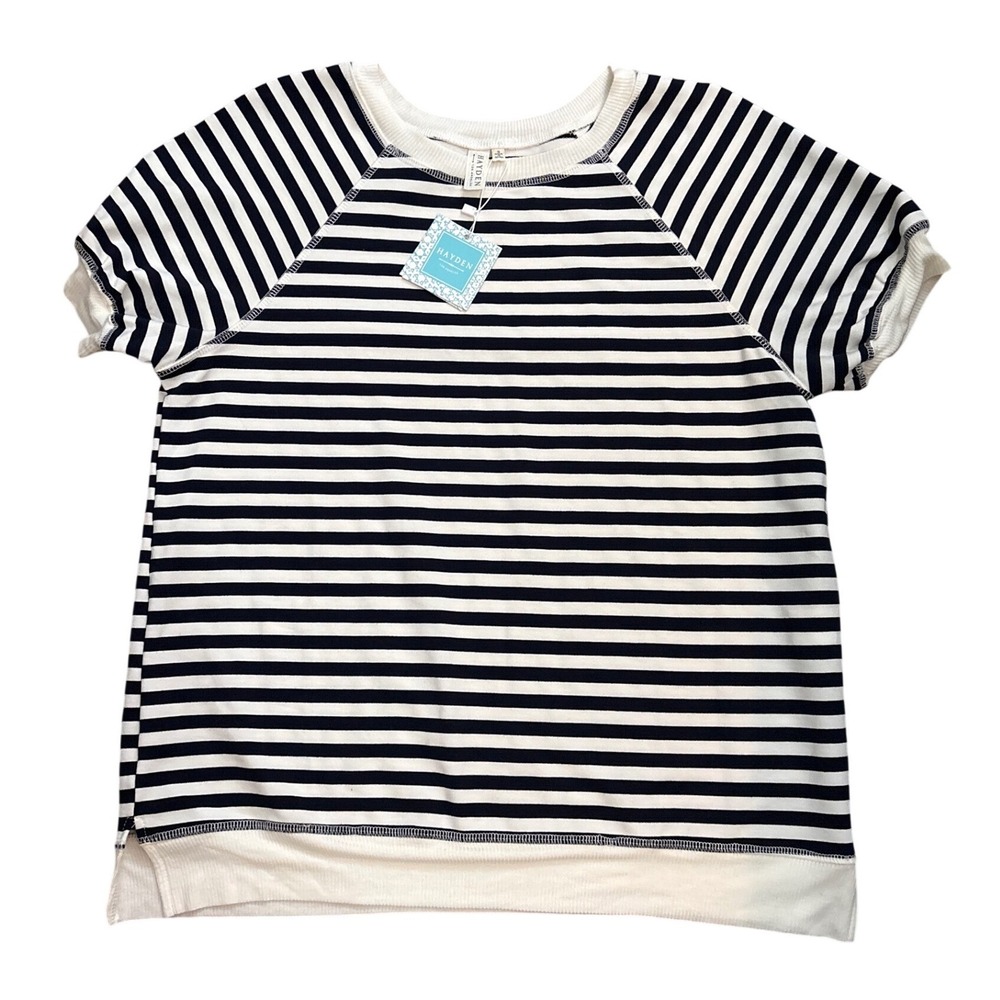 Hayden Los Angeles Womens Navy White Striped Short Sleeve Raglan Sweatshirt S